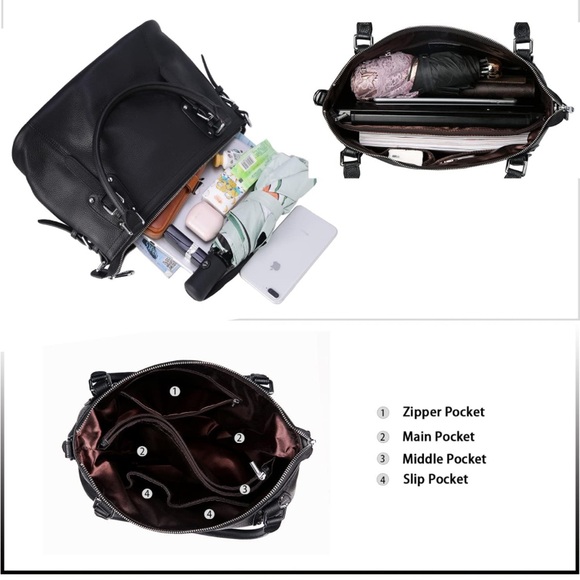 Heshe black genuine leather satchel handbag - Picture 4 of 15